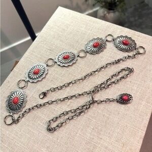 Concha Belt extra long silver metal red resin beads adjustable up to 47" XL